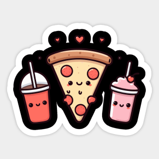 Kawaii Food Art with Pizza, Cola, Strawberry Milkshake, and Hearts | Cutesy Kawaii Sticker